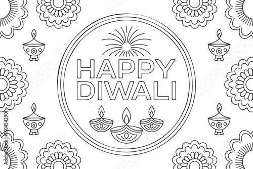Happy Diwali Coloring Page with Diyas Fireworks and Floral Patterns