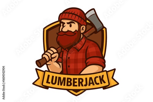 Lumberjack mascot logo with axe. Cartoon bearded man in plaid shirt. Vector illustration for woodcutter, timber, or forestry team. Strong handyman character emblem.