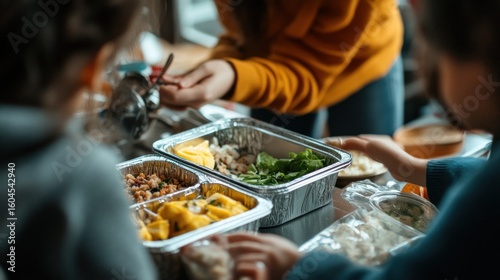 People sharing takeout food