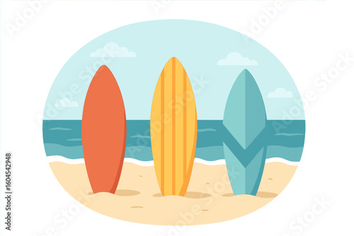 Three colorful surfboards on a tropical sandy beach. Summer vacation background with ocean waves. Vector illustration for surf school, travel poster or water sports concept.