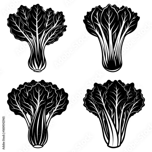 Four stylized black and white bok choy plants in a square arrangement on a white background design