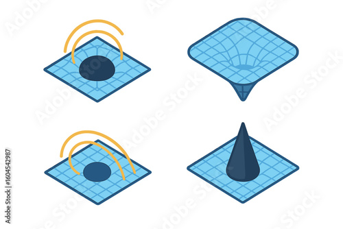Isometric space icons set. Black hole, event horizon, and singularity. Warped spacetime grid, gravity, and physics concepts. Astrophysics vector illustration elements.