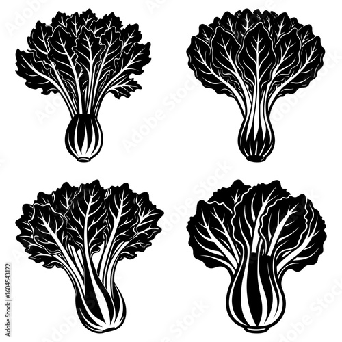 Four stylized black and white bok choy illustrations with detailed leaf and stem patterns displayed