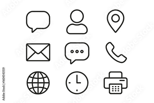 Contact us line icon set for business card and website. Vector symbols of communication: phone, mobile, address, message, mail, chat, user, and web pictogram.