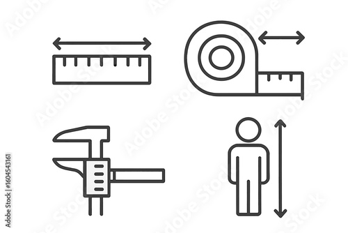 Measurement tools line icon set. Ruler for length, tape measure, and caliper for size and dimension. Human height pictogram. Linear outline vector symbols for parameters.