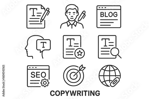 Copywriting line icon set. Content writing, author, blog, storytelling, article, SEO. Digital marketing and content creation strategy. Outline vector pictogram collection.