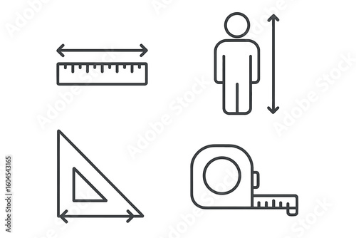 Measurement and size parameter icon set. Linear style collection with ruler, human height, triangle and tape measure. Outline vector pictogram for infographic concept.
