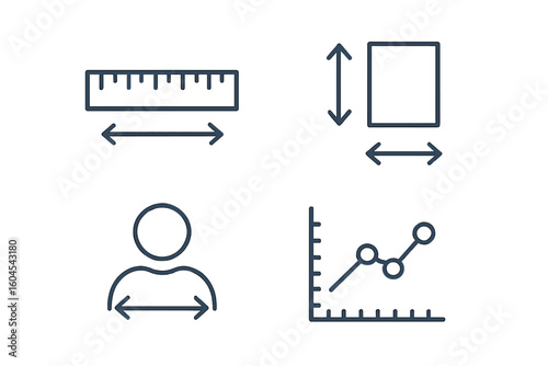 Measurement line icon set for analytics and data. Size, dimension, and parameter vector icons. Ruler, chart, and graph symbols for infographic design. Thin outline pictogram collection for ux and ui.