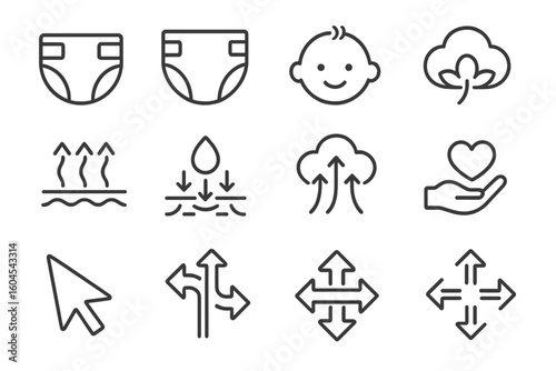 Diaper properties line icon set. Concepts of absorbency, breathable surface, soft cotton, air flow, baby comfort and skin care. Vector infographic symbols for packaging.