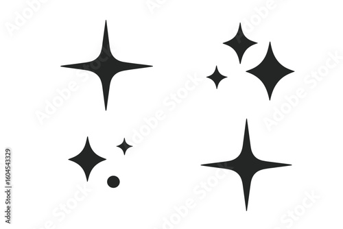 Sparkles icon set. Star sparkle and twinkle shapes. Black silhouette flat design elements. Vector glitter symbol collection for magic, clean, or shiny effects decoration.