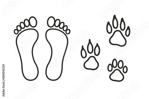 Human footprint and animal paw print icon set. Man and pet, nature, wildlife concept. Barefoot feet and dog wolf track outline. Vector symbol isolated on transparent background.