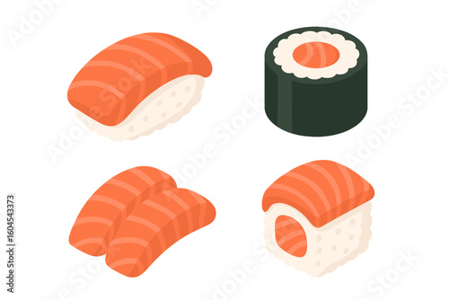 Salmon sushi icon set. Isometric vector illustration collection of Japanese food. Includes nigiri, maki roll, and sashimi. For restaurant menu, web, and graphic design.