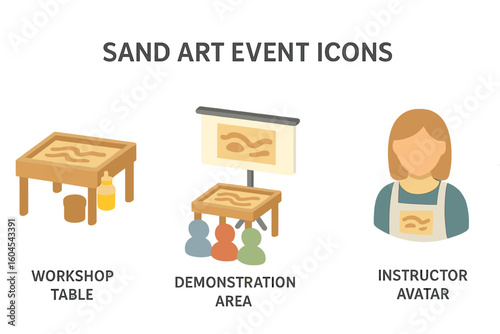 Isometric Sand Art Event Icons Collection Featuring Workshop Table, Demonstration Area Setup, Sand Art Instructor Avatar, Creative Festival Equipment, Vector Illustration