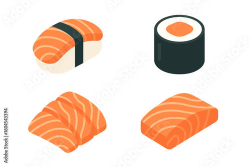Salmon sushi icon set. Isometric flat design vector illustration of Japanese food. Collection includes nigiri, maki roll, fresh salmon fillet, and sashimi slices.