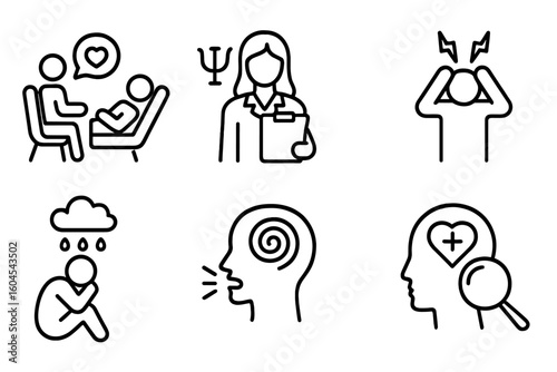 Mental health line icon set. Concepts for psychological help, psychologist, depression, stress, anxiety, panic attack, mental disorder, therapy, PTSD, and psychology support.