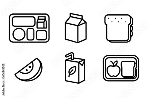 School lunch outline icon set. Cafeteria meal tray, milk carton, sandwich, apple, and juice box. Healthy food for kids. Back to school nutrition concept vector illustration.