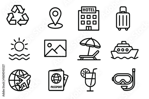 Travel and tourism line icon set. Vector vacation elements for trip planning. Hotel, passport, airplane, cruise, luggage, beach resort, and eco-friendly travel symbols.
