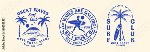 A set of retro-style surf club vector badges with waves, palm trees, and sunsets. Perfect for t-shirt designs and coastal branding.