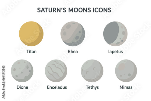 Isometric Flat Icon Set of Saturn's Major Moons Titan, Rhea, Iapetus, Dione, Tethys, Enceladus, Mimas – Vector Illustration on Transparent Background, Space Astronomy Symbols