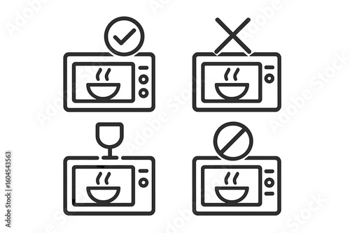 Microwave safe and not safe line icons. Symbol collection for using cookware in a microwave oven. Food heating safety rules. Vector warning and prohibition signs.