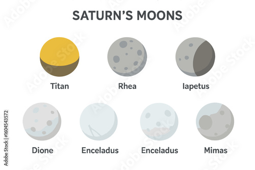 Saturn's moons vector icon set. Flat design illustrations of major satellites: Titan, Rhea, Iapetus, Dione, Enceladus, and Mimas. Solar system astronomy graphic element.