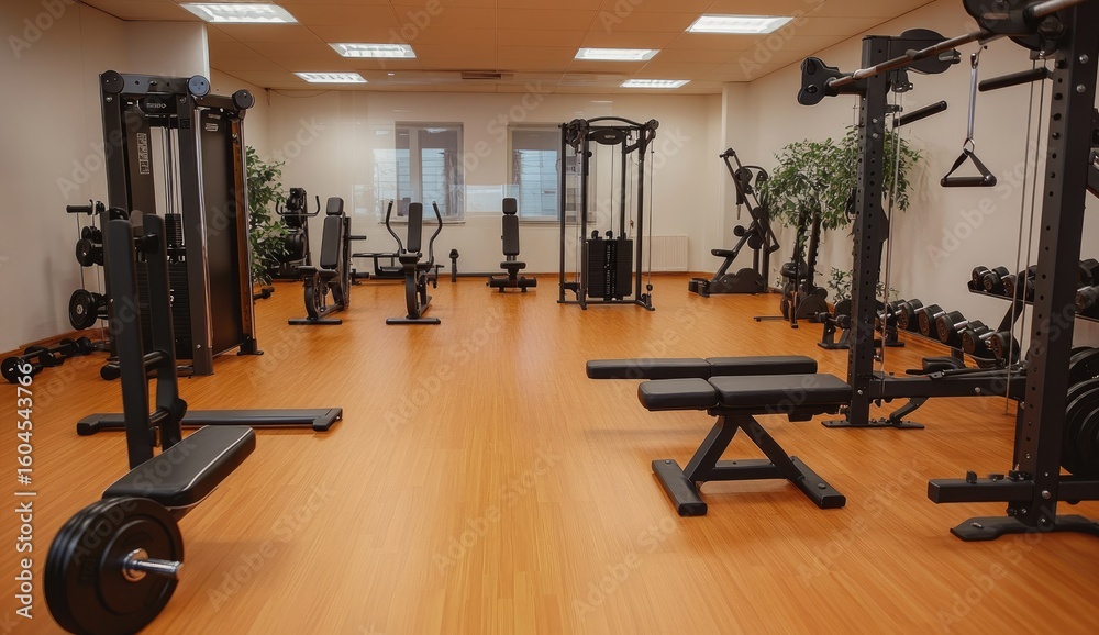 Obraz premium Modern exercise room with various fitness equipment.