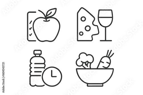 Healthy food and diet plan icon set. Linear icons for nutrition, meal planning, and grocery list. Vector symbols of apple, salad, water intake, cheese and wine pairing.