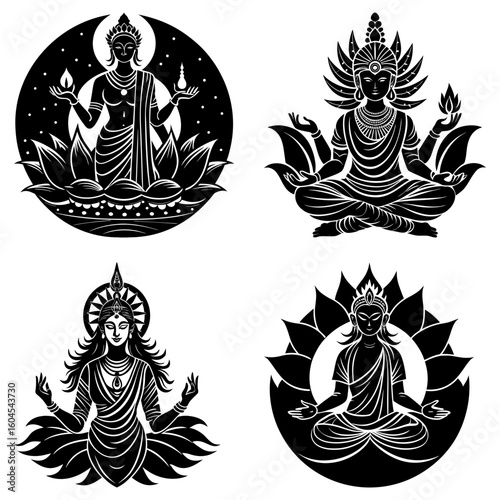 Four black and white illustrations of deities in lotus positions with various attributes and backgrounds