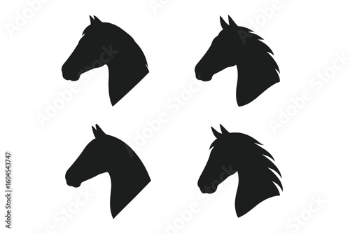 Set of horse head silhouettes. Equine profile vector collection. Black stallion or mare icon for logo design. Equestrian sport, farm or ranch symbol. Isolated graphic element.