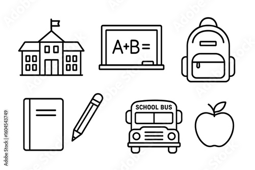 School day outline icon set. Back to school concept with educational elements. Vector line art icons of school building, chalkboard, backpack, pencil, notebook, bus, apple.