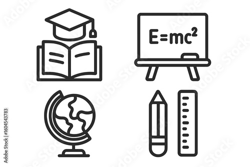 School and education line icon set. University learning, knowledge symbols. Physics E=mc2 formula, geography globe, graduation cap, book, pencil vector icons collection.