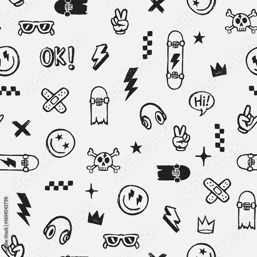 Hand-drawn doodle seamless pattern with cool icons like skulls, smile faces, lightning bolts, skateboards, hand signs, and more. Perfect for t-shirts, merch, and streetwear graphics.