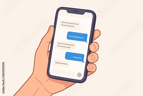 Mobile messaging conversation UI in hand, cartoon vector illustration of smartphone chat bubbles, texting communication, social media chat app concept isolated on light background