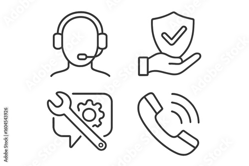 Customer support icon set. Call center operator, technical service, and helpdesk line icons. Vector illustration of guarantee, settings, and phone call for web and mobile apps.