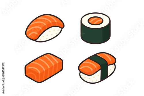 Salmon sushi and sashimi icon set. Isometric flat design vector illustration of Japanese food. Includes nigiri, maki roll. Seafood cuisine for restaurant menu or logo.