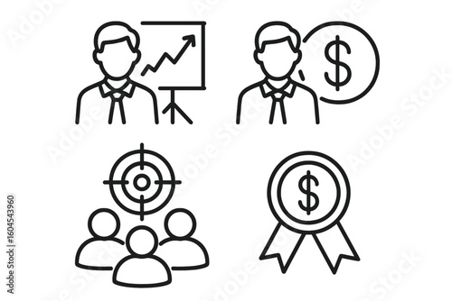 Sales team icon set. Business success outline icons. Vector collection of sales manager with growth chart, team target, financial achievement, and commission award badge.