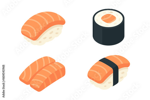 Salmon sushi and sashimi icon set. Isometric vector illustration of Japanese food. Includes nigiri, maki roll, and fresh fish fillet. Asian cuisine seafood collection.