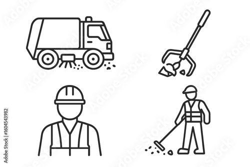 Sanitation linear icons set. Street cleaning and public maintenance service symbols. Street sweeper truck, trash grabber tool, sanitation worker in safety vest.