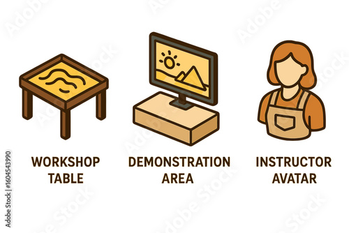 Sand art event icon set. Isometric flat design vector illustration of workshop table, demonstration area with screen and instructor avatar for a creative masterclass.