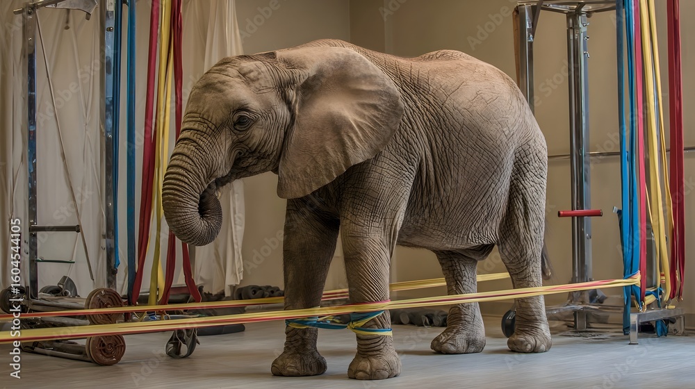 Fototapeta premium Young elephant engaging in playful exercise with colorful bands in a well-lit training facility