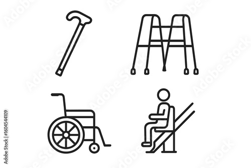 Senior mobility aids icon set. Outline icons for elderly assistance. Walking cane, walker, wheelchair, stairlift. Disability support, accessibility, assisted living symbols.