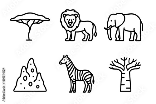 Savanna icon set. African wildlife animals and nature elements. Outline vector collection with lion, elephant, zebra, acacia and baobab tree, termite mound. Simple logo.