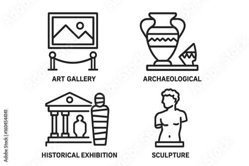 Museum line icon set. Art gallery, archaeology, history exhibition, sculpture pictogram. Ancient artifacts, painting, vase, mummy, statue symbols. Vector outline collection.