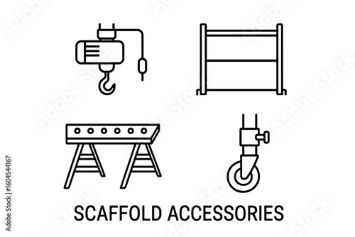 Scaffold accessories outline icon set. Vector collection of modular construction equipment. Includes scaffold hoist, workbench plank, guardrail, and caster wheel add-ons.