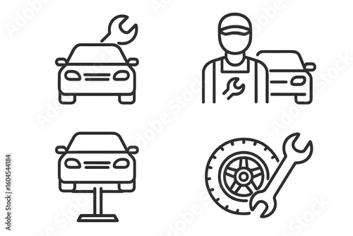 Car service and auto repair line icon set. Vehicle maintenance, mechanic, and garage symbols. Tire fitting and workshop pictogram collection for infographic design.