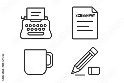 Scriptwriting icon set. Writer creative process outline icons. Typewriter, screenplay page, coffee mug, pencil, eraser. Author, storytelling, journalism vector symbols.
