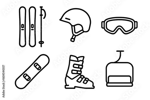 Ski and snowboard line icon set. Vector collection of winter sports equipment symbols. Includes ski, poles, helmet, goggles, boot, snowboard, and chairlift pictogram design.