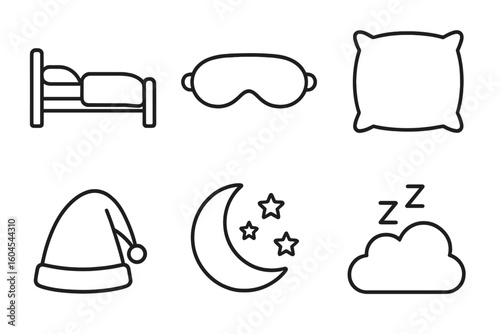 Sleep line icon set. Bed, pillow, mask, moon and stars symbols. Bedtime, rest and relaxation concept. Outline icons for good night and sweet dreams. Vector illustration.