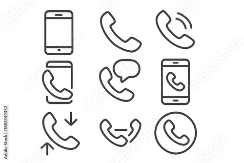 Phone call line icon set. Mobile smartphone communication symbols. Vector collection of outline pictograms for web and app UI. Telephone handset, contact, incoming, outgoing call.