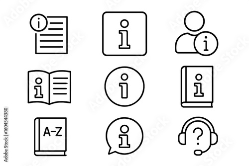 Info line icon set for help and support. Vector outline icons for instruction manual, guide, reference book, dictionary, user profile, FAQ, and customer service center.